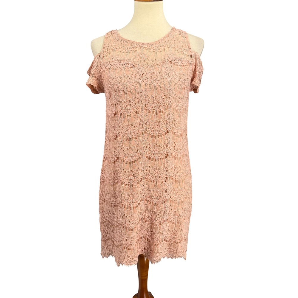 Monteau Pink Lace Dress Size Medium Floral‎ Scalloped Hem Open Shoulder Coquette